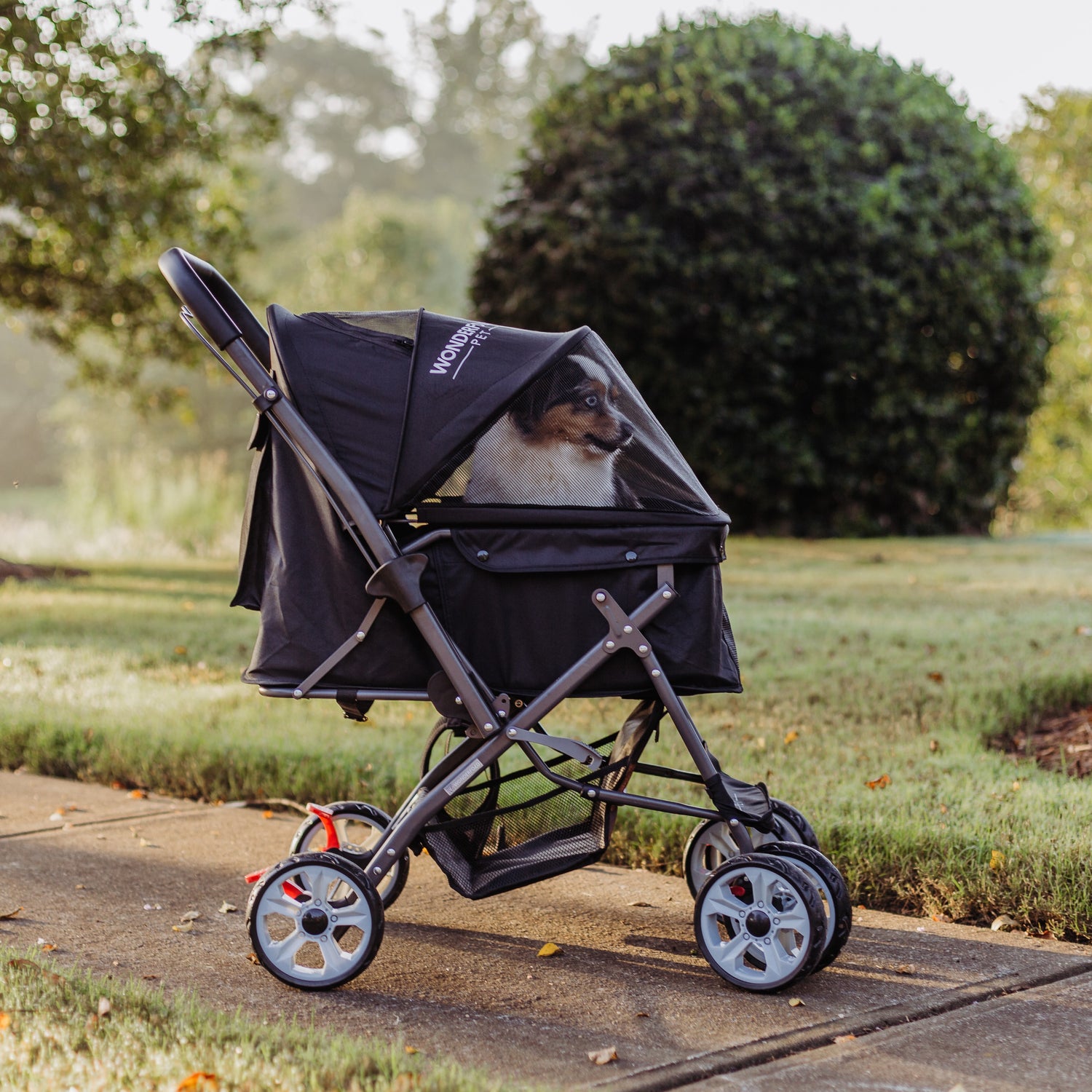 Folding Pet Stroller with Zipperless Entry & Reversible Handle Bar - With Dog